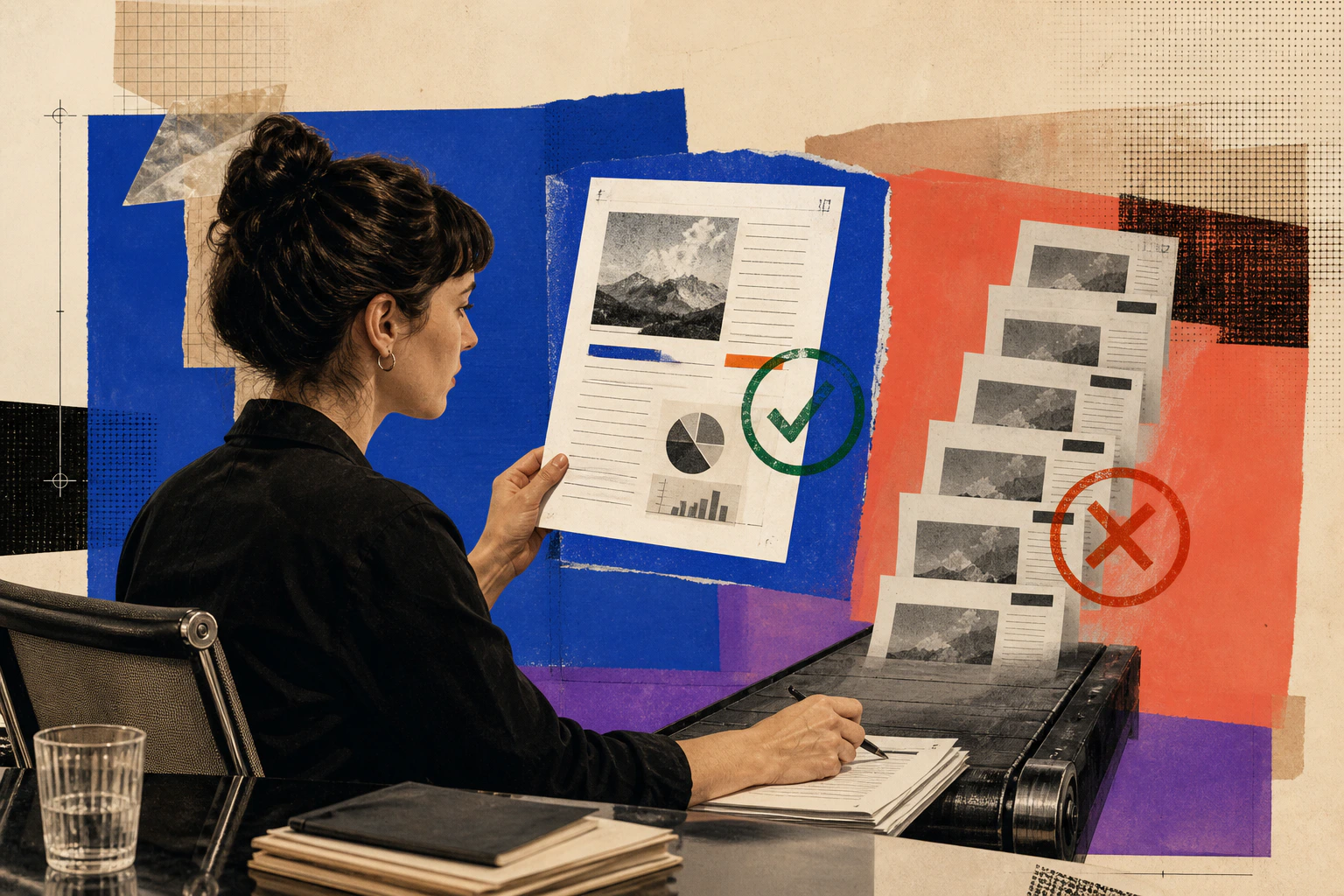 Human editor reviewing AI-assisted content and separating useful sourced work from low-value pages