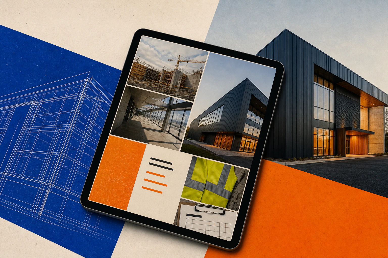 Construction website story moving from blueprint and credentials to a completed project and enquiry