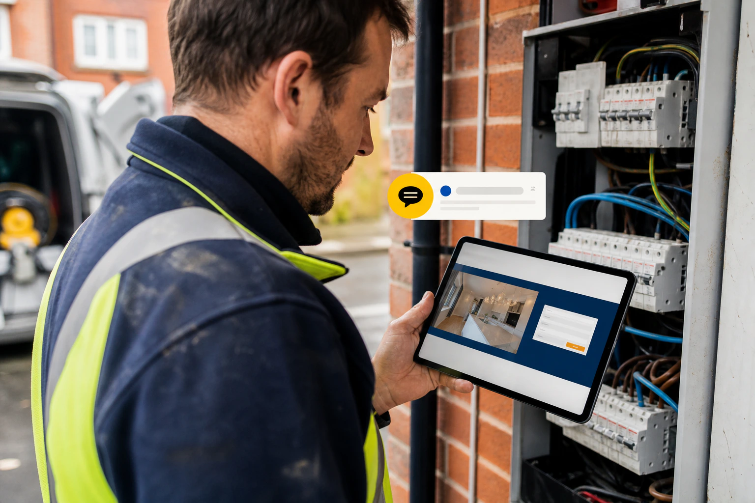Electrician reviewing a service website as a new quote enquiry arrives