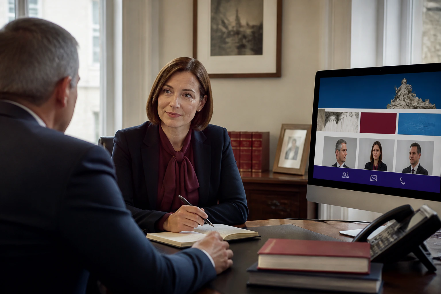 Solicitor meeting a client beside a clear professional law firm website