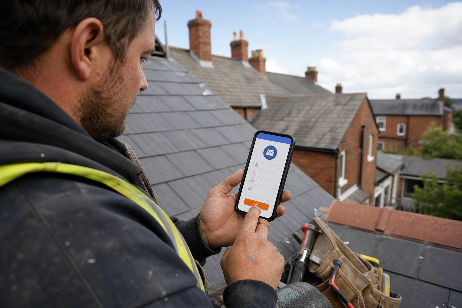 Roofer receiving a quote request through a clear mobile website