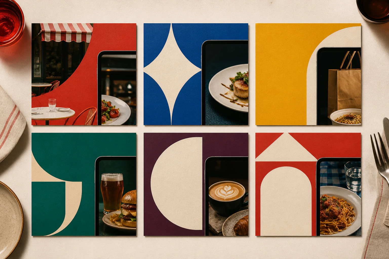 Six distinct restaurant website directions arranged like a varied set of menus