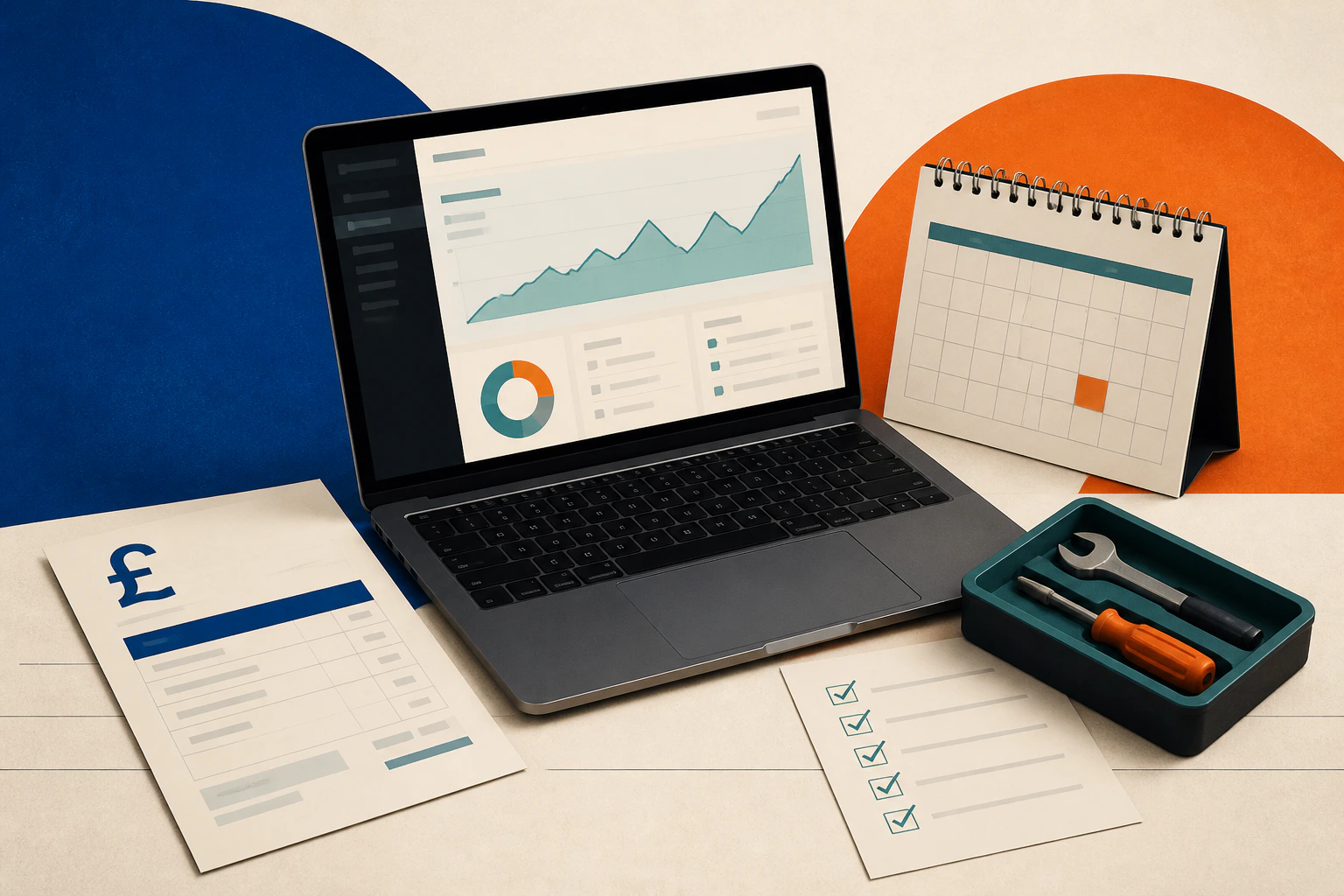 Website maintenance dashboard beside a UK invoice, monthly calendar, toolkit and completed service checklist