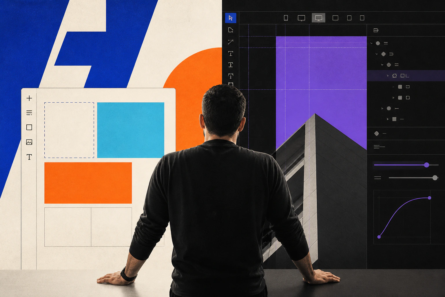Founder comparing a simple block-based website canvas with a precise professional design system