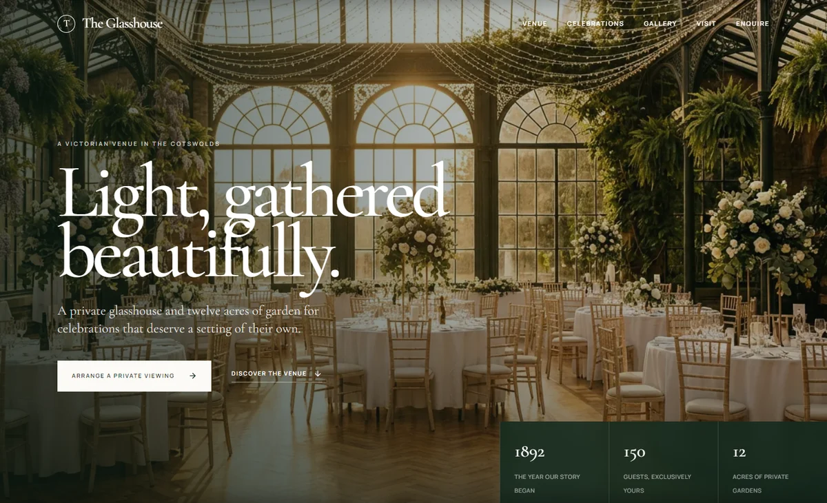 The Glasshouse website design, with elegant typography and a sunlit glasshouse venue